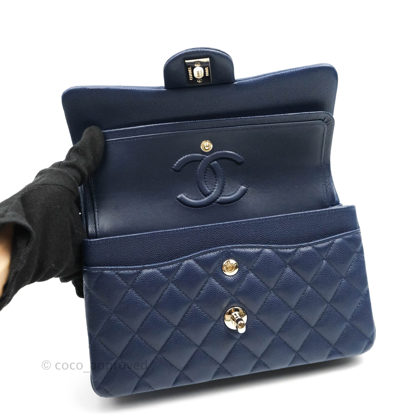 Chanel Classic Small S/M Flap Dark Blue Caviar Gold Hardware 21P