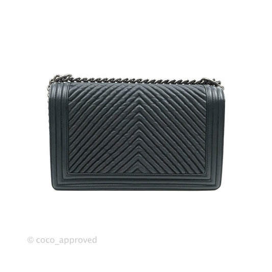 Chanel New Medium Chevron Boy Bag Navy Crumpled Calfskin Ruthenium Hardware