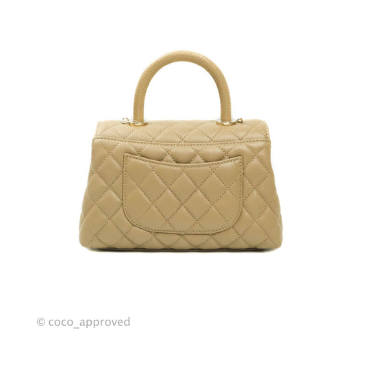 Chanel Mini (Small) Beige Coco Handle Quilted Caviar Gold Hardware Embossed Lizard Handle 21A