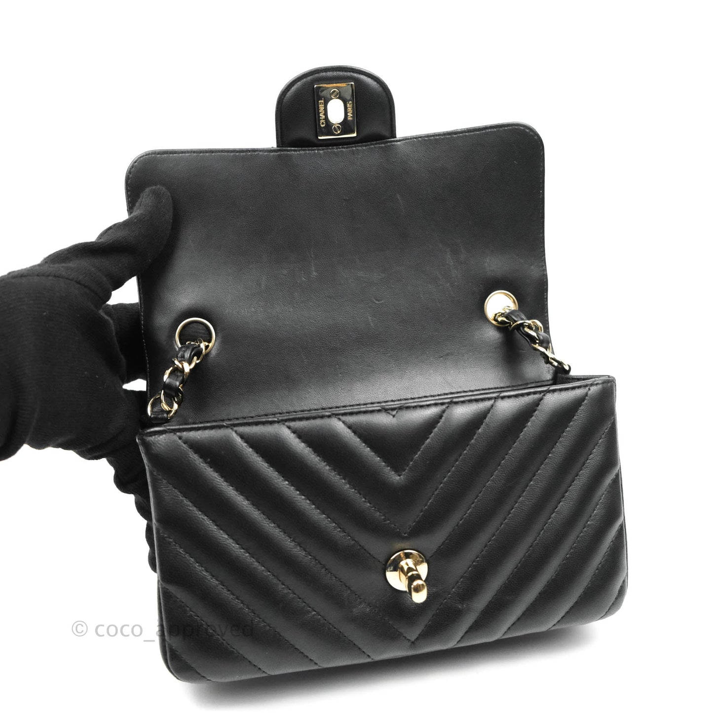 Chanel Chevron Mini Rectangular Flap Black Lambskin Gold Hardware