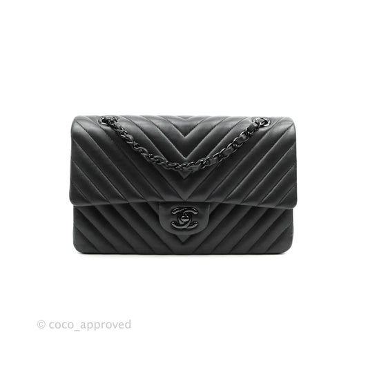 Chanel Classic Chevron M/L Medium Double Flap So Black Lambskin