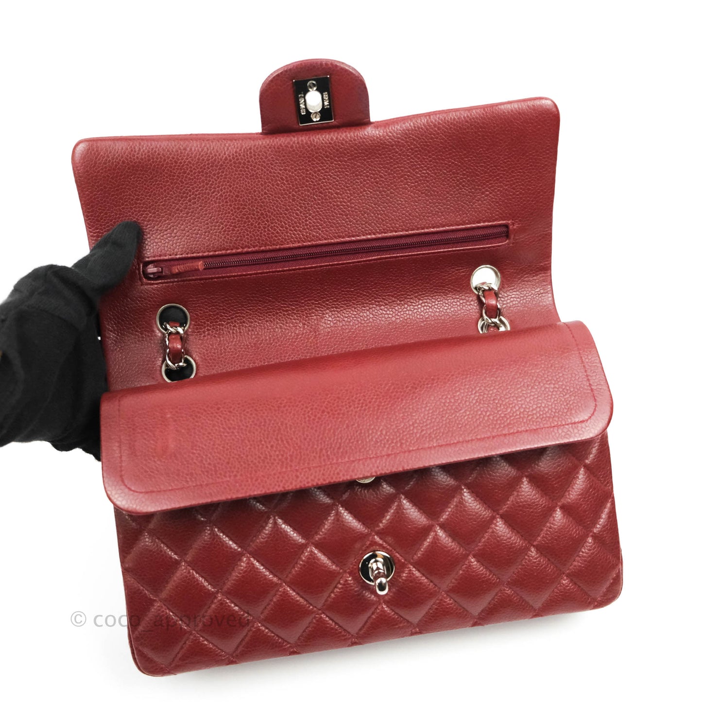 Chanel Classic M/L Medium Double Flap Red Caviar Silver Hardware