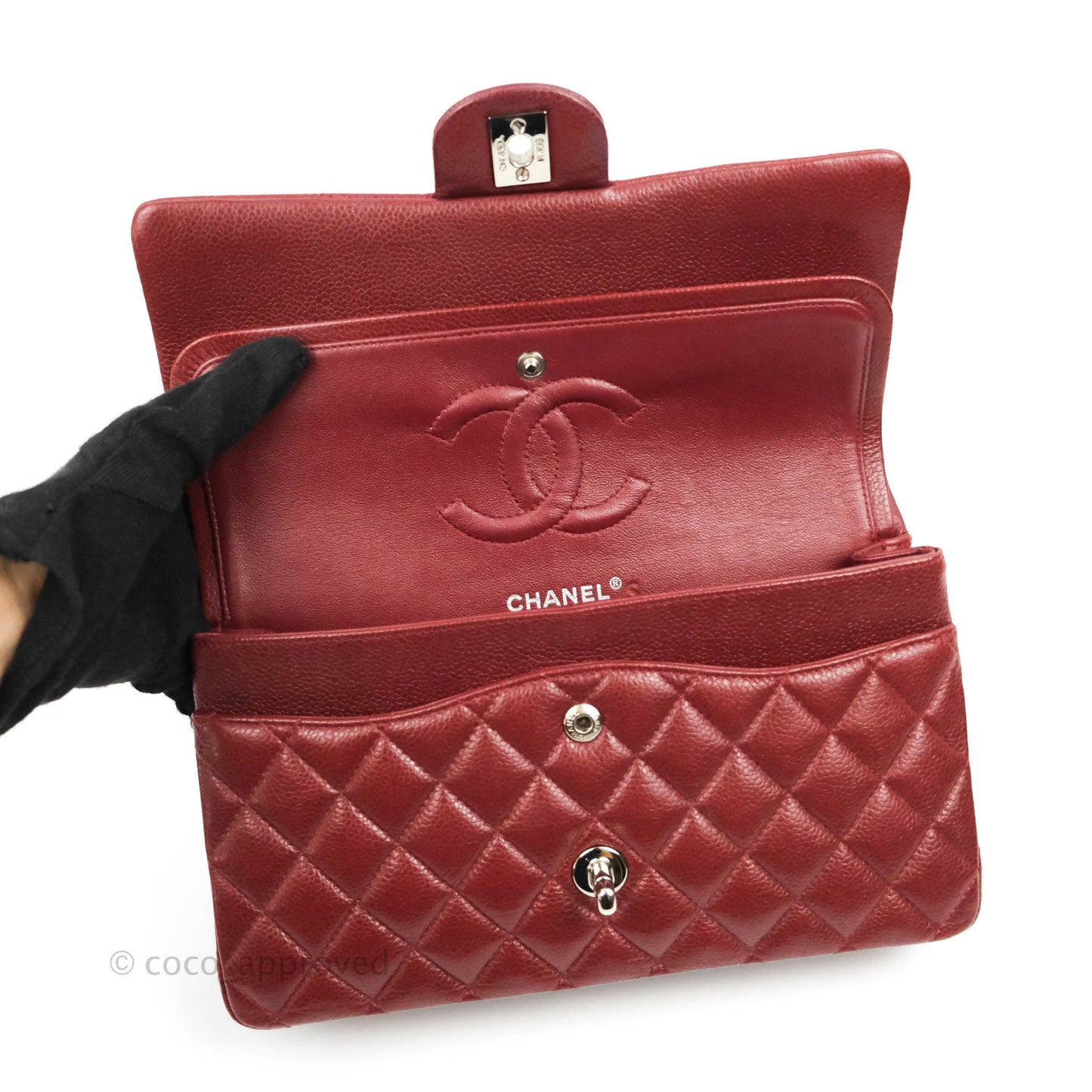 Chanel Classic M/L Medium Double Flap Red Caviar Silver Hardware