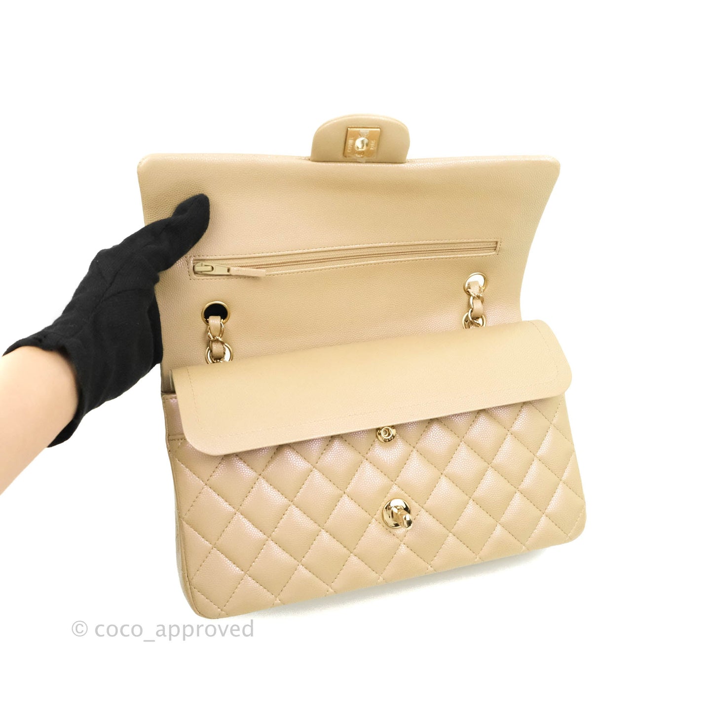 Chanel M/L Medium Double Flap Bag Iridescent Dark Beige Caviar Gold Hardware 21S
