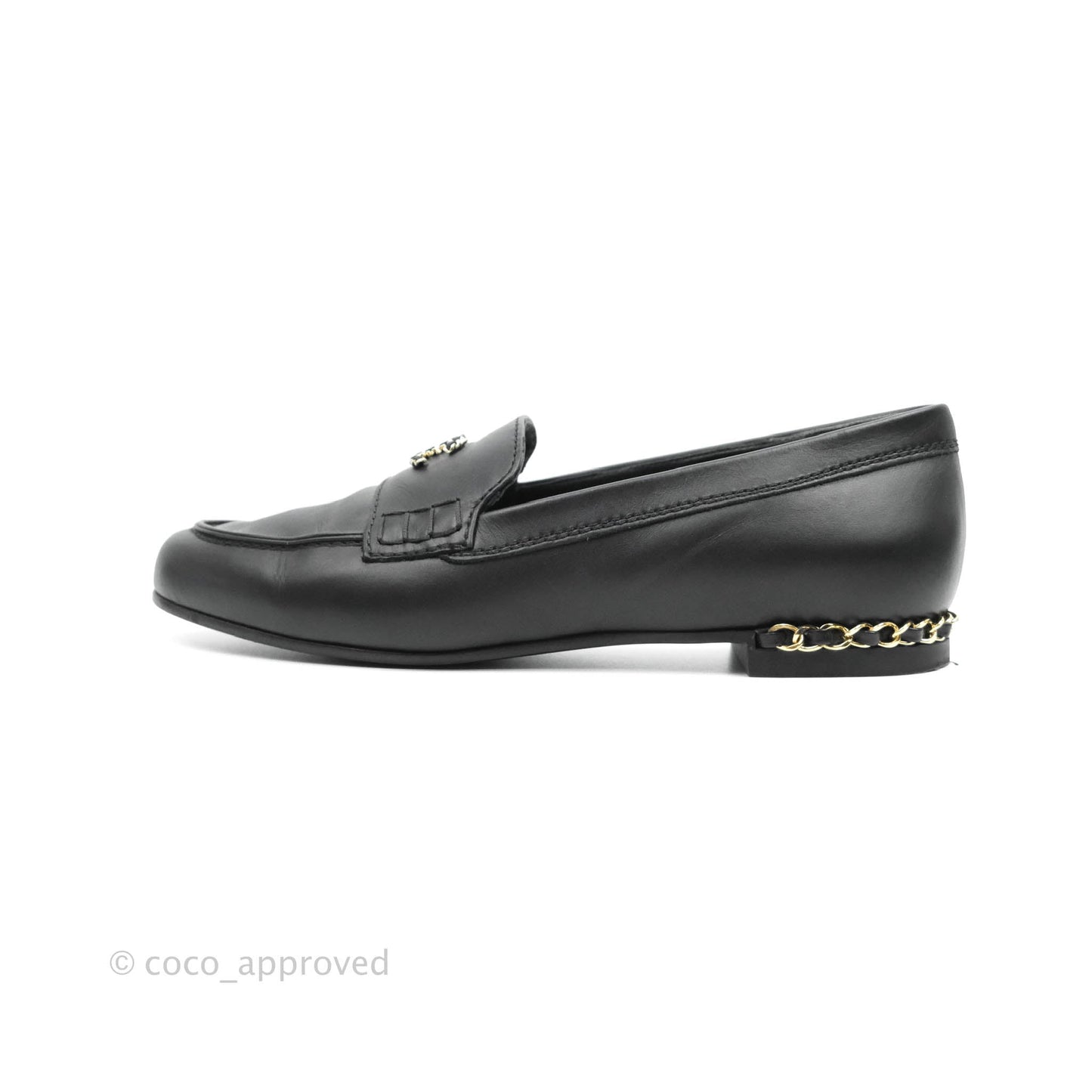 Chanel CC Black Leather Loafers Gold Hardware Size 36.5