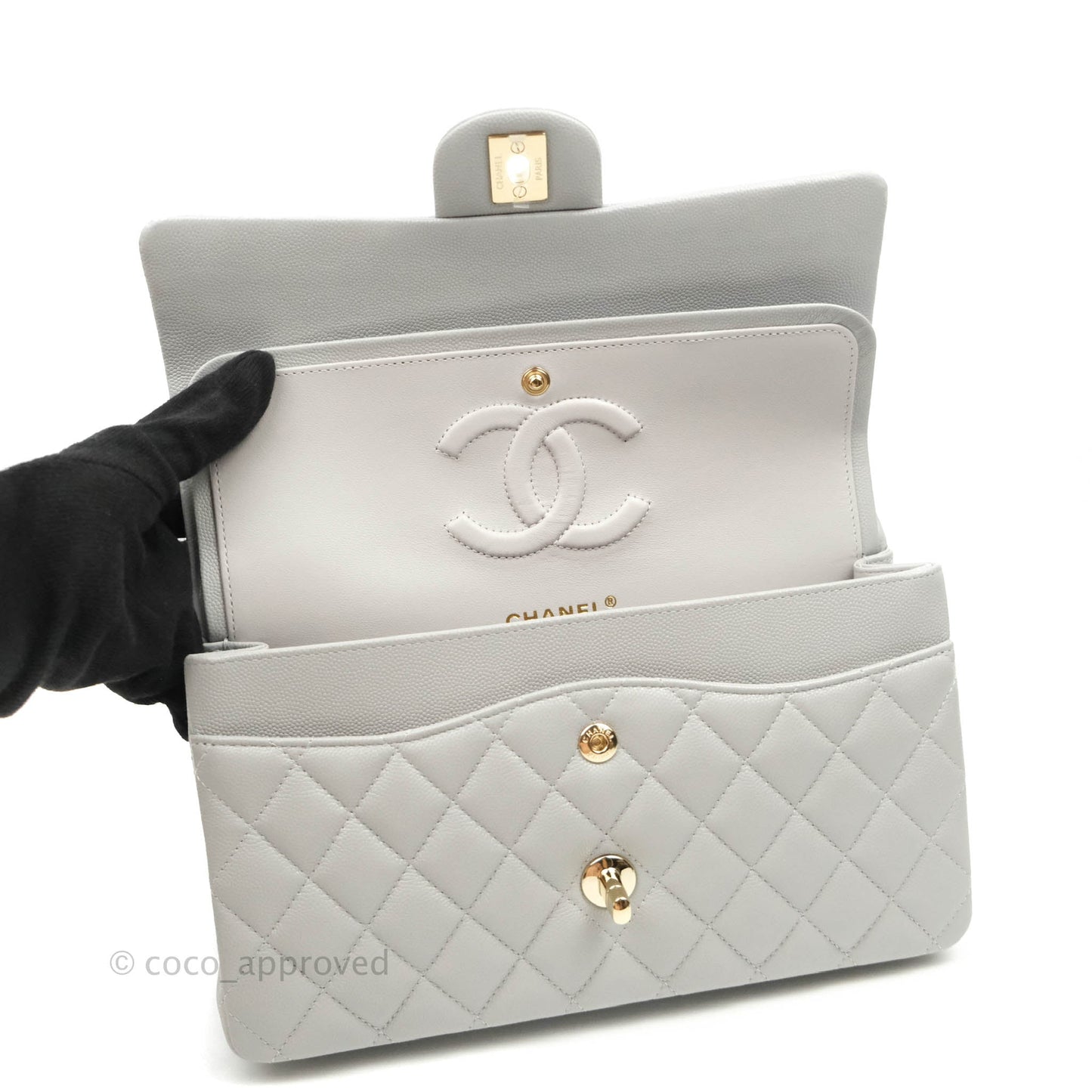 Chanel Classic M/L Medium Double Flap Grey Caviar Gold Hardware