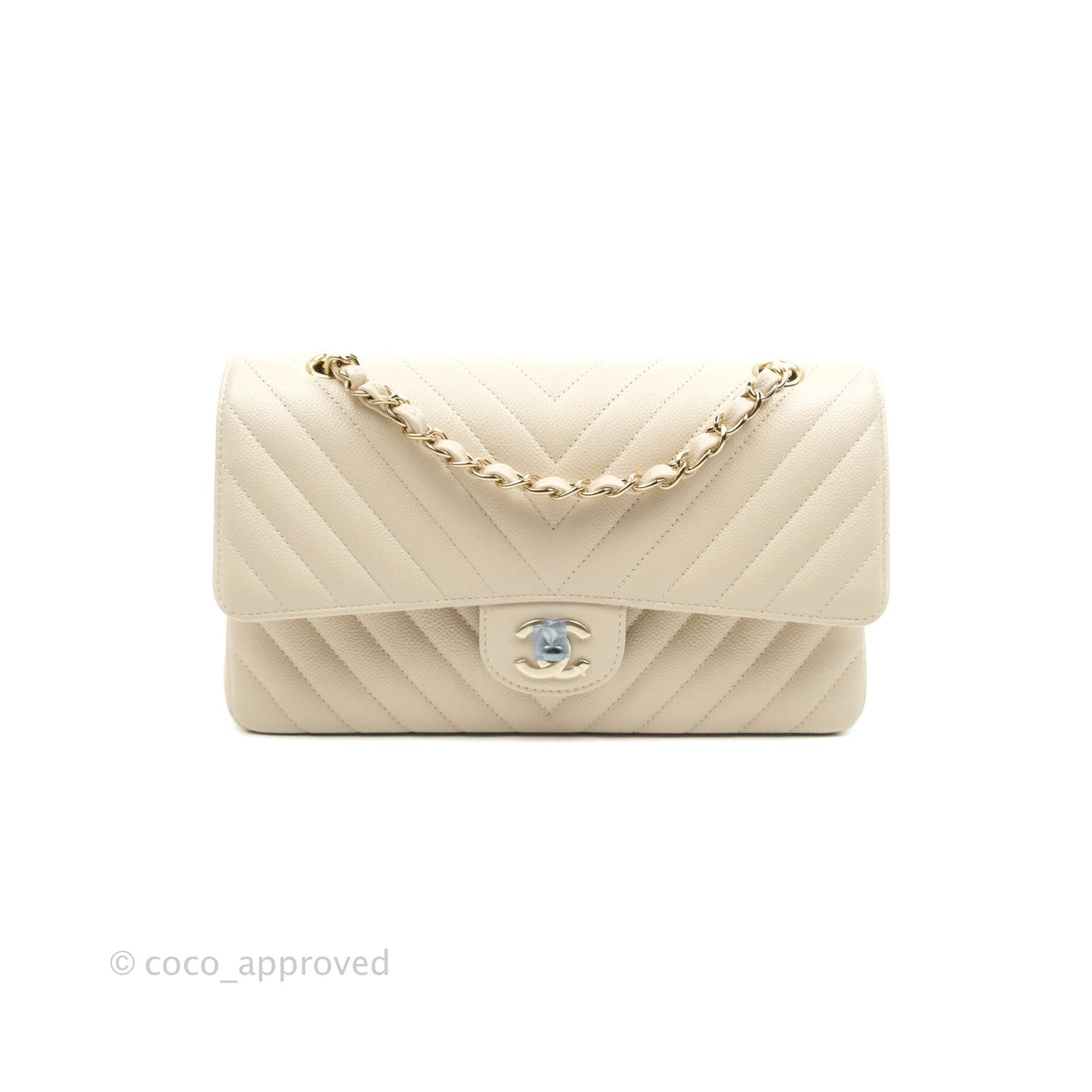 Chanel Classic M/L Medium Double Flap Chevron Light Beige Caviar Gold Hardware 20B
