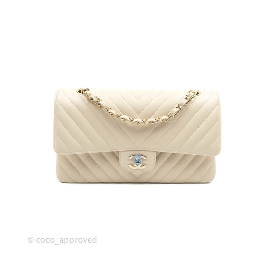 Chanel Classic M/L Medium Double Flap Chevron Light Beige Caviar Gold Hardware 20B