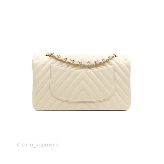 Chanel Classic M/L Medium Double Flap Chevron Light Beige Caviar Gold Hardware 20B