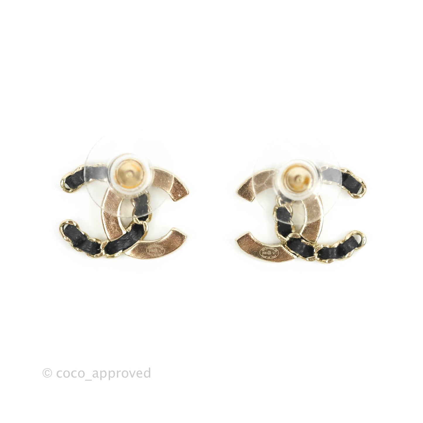 Chanel Crystal CC Braided Black Leather Earrings Light Gold Tone 20V