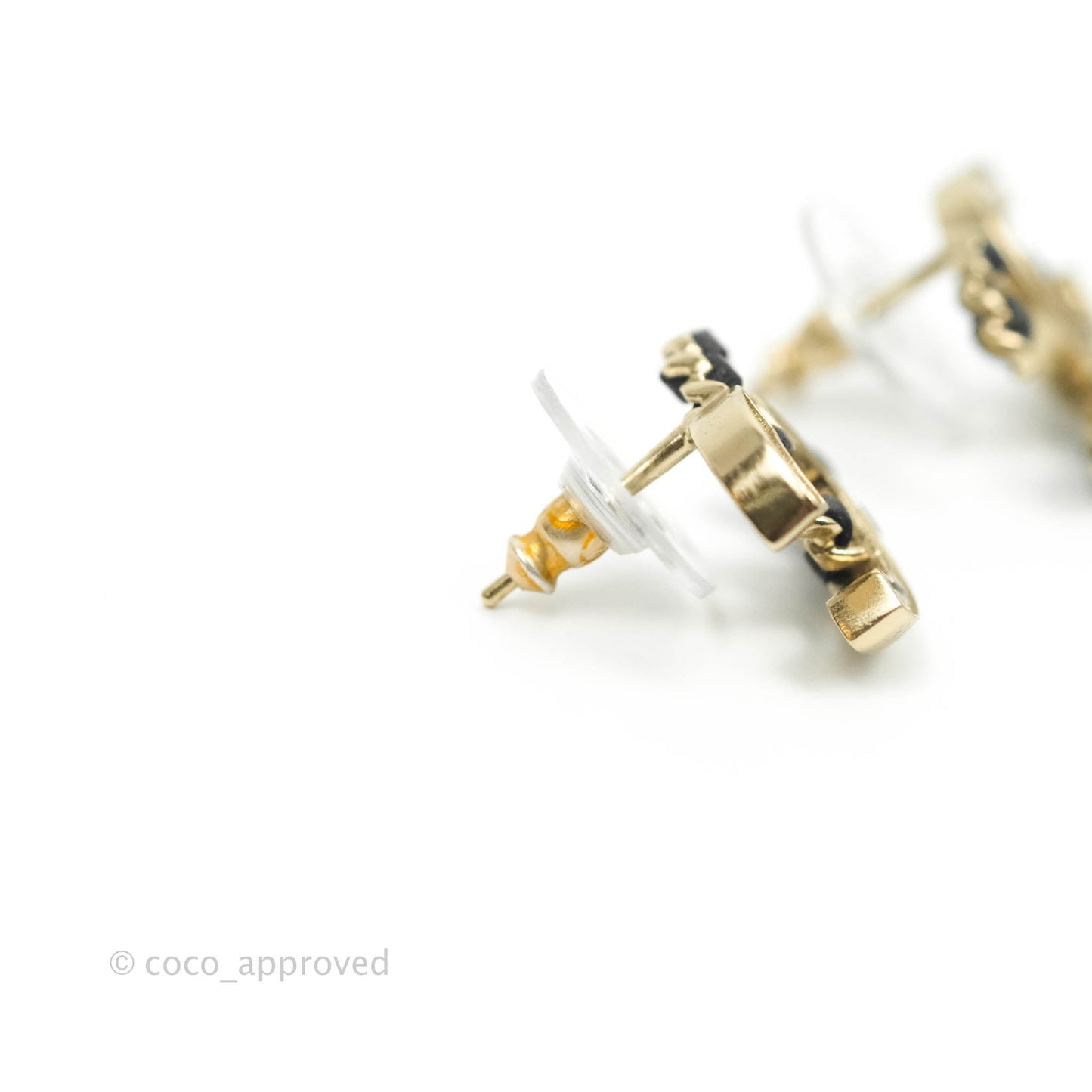 Chanel Crystal CC Braided Black Leather Earrings Light Gold Tone 20V