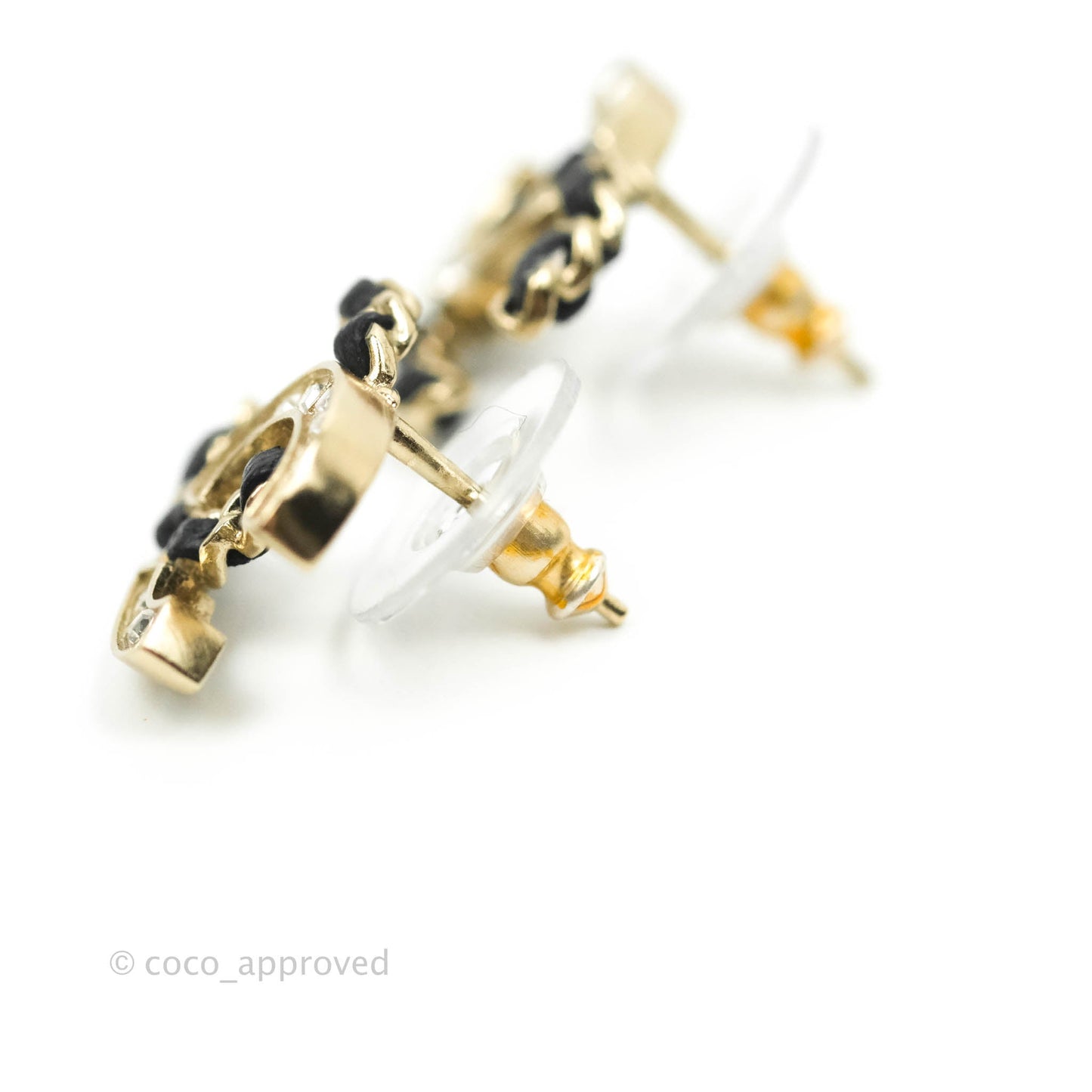 Chanel Crystal CC Braided Black Leather Earrings Light Gold Tone 20V