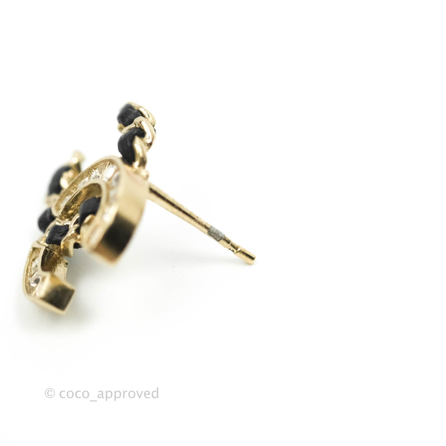 Chanel Crystal CC Braided Black Leather Earrings Light Gold Tone 20V