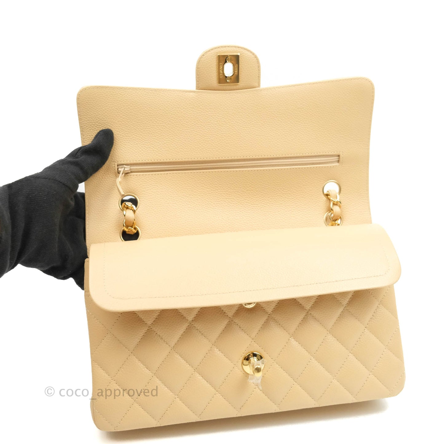 Chanel Classic M/L Medium Double Flap Beige Caviar Gold Hardware