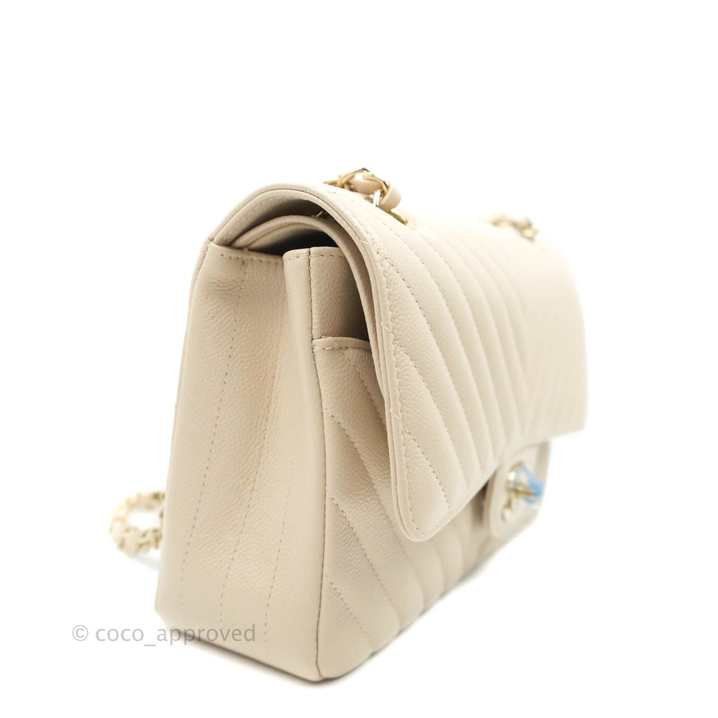 Chanel Classic M/L Medium Double Flap Chevron Light Beige Caviar Gold Hardware 20B