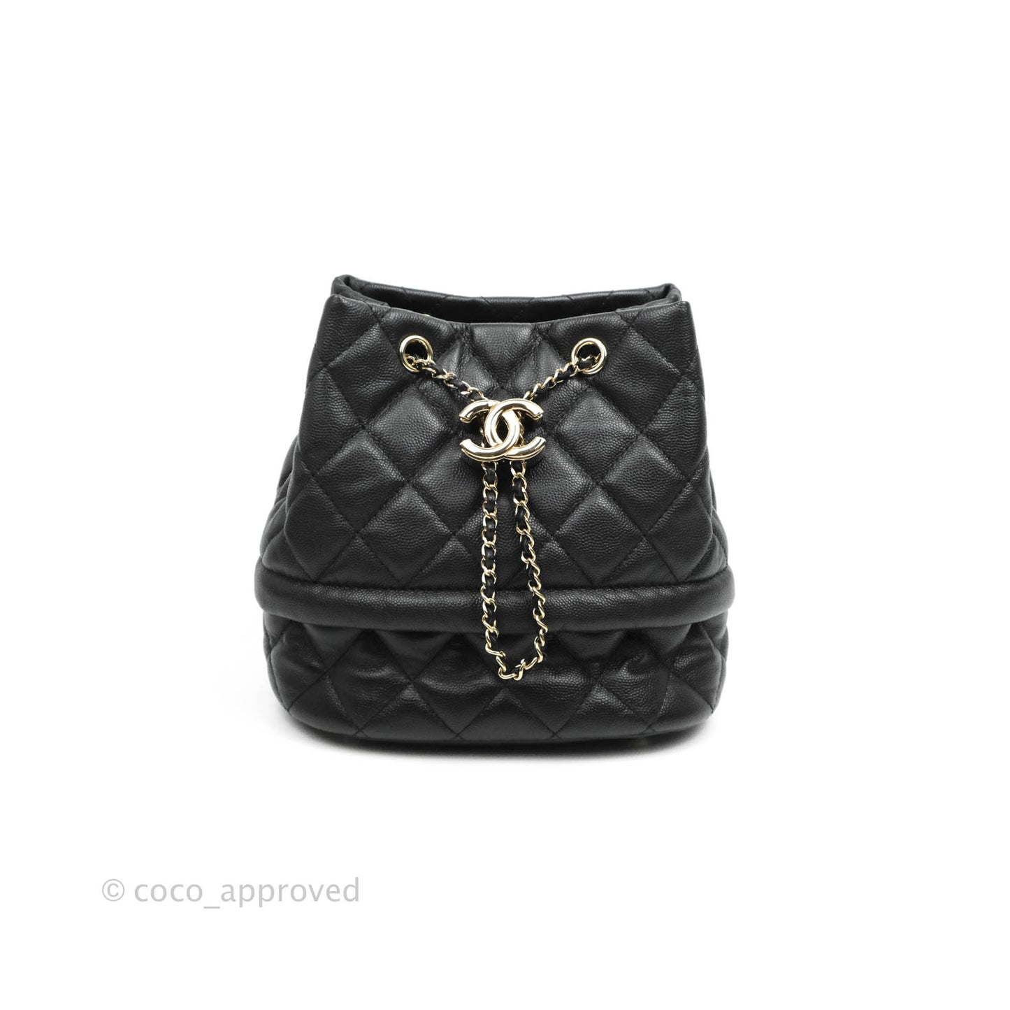 Chanel Quilted Rolled Up Bucket Drawstring Bag Black Caviar Gold Hardware