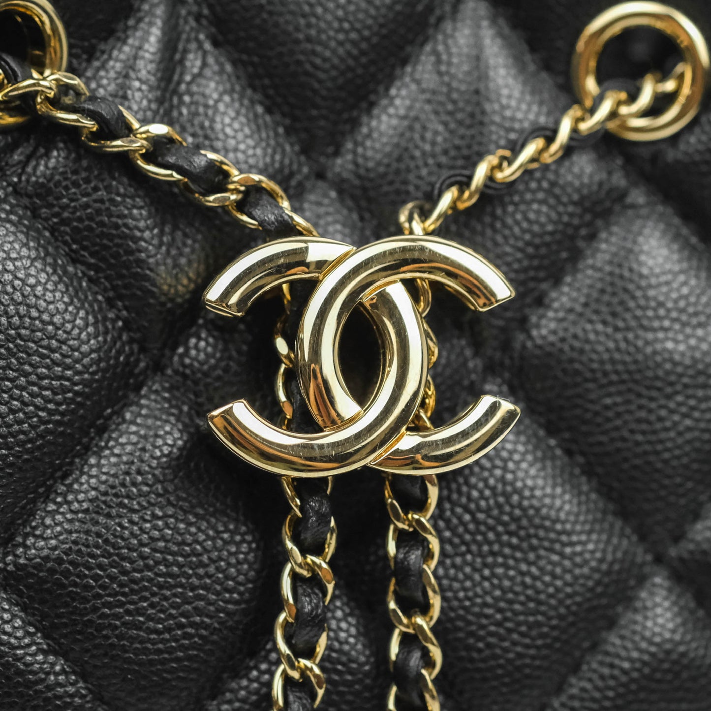 Chanel Quilted Rolled Up Bucket Drawstring Bag Black Caviar Gold Hardware