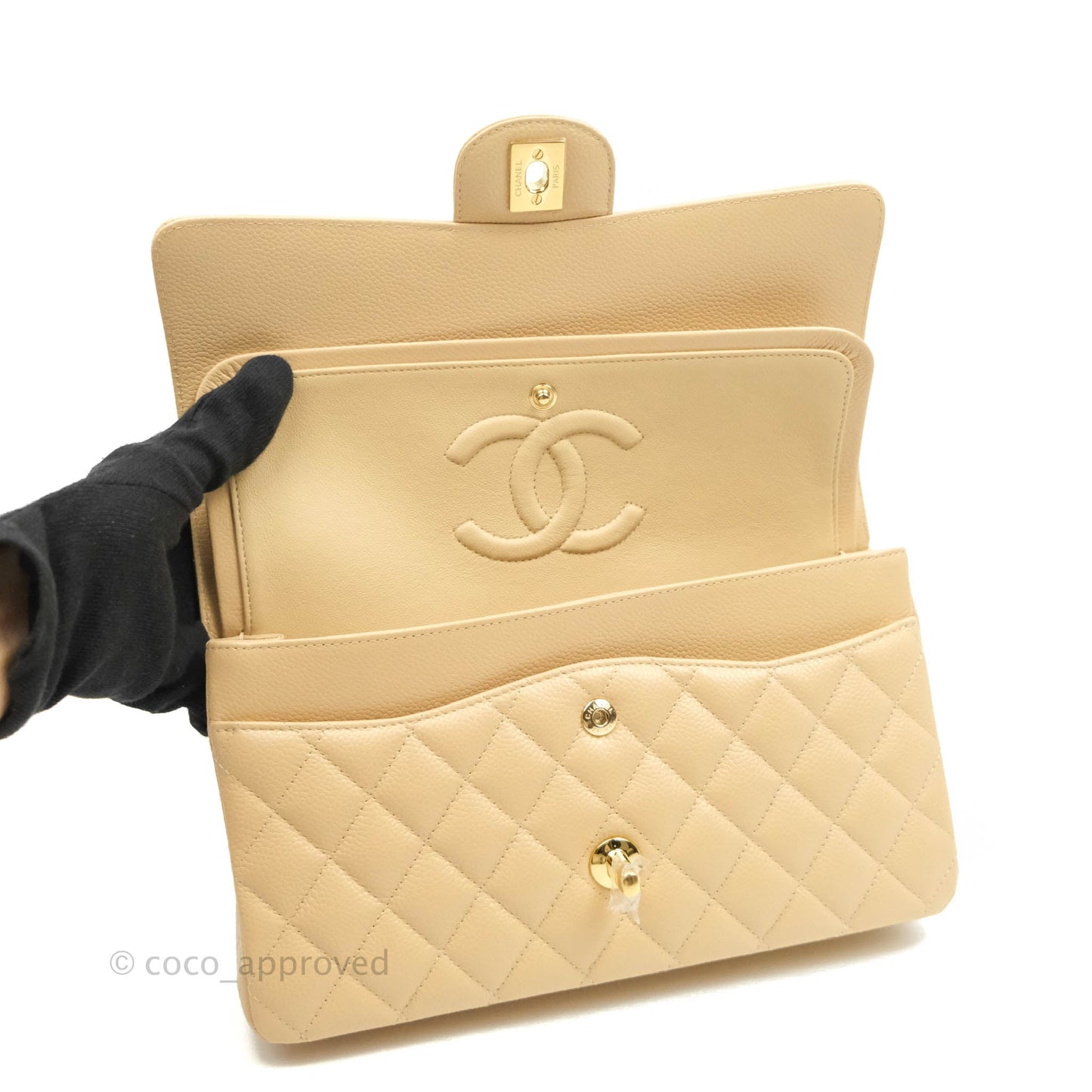 Chanel Classic M/L Medium Double Flap Beige Caviar Gold Hardware