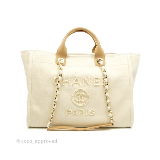 Chanel Medium (Large) Deauville Light Beige Canvas Imitation Pearl