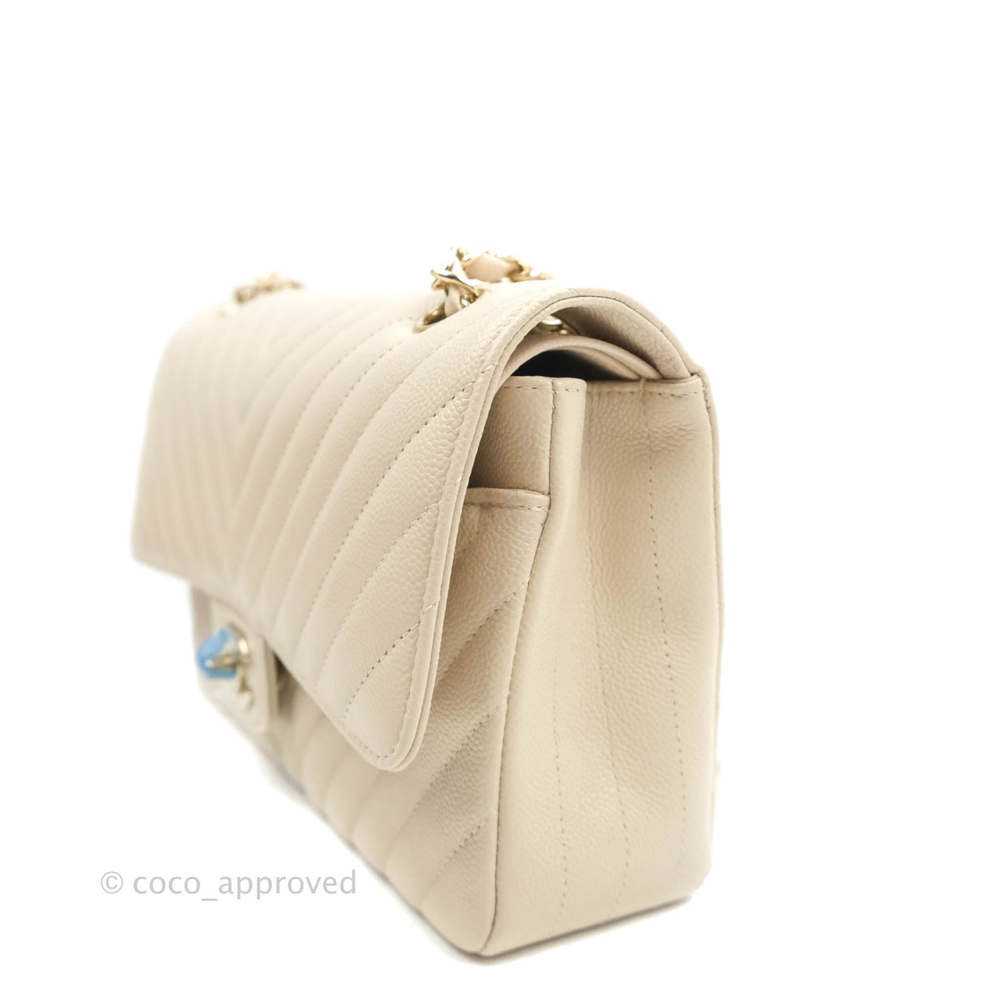 Chanel Classic M/L Medium Double Flap Chevron Light Beige Caviar Gold Hardware 20B