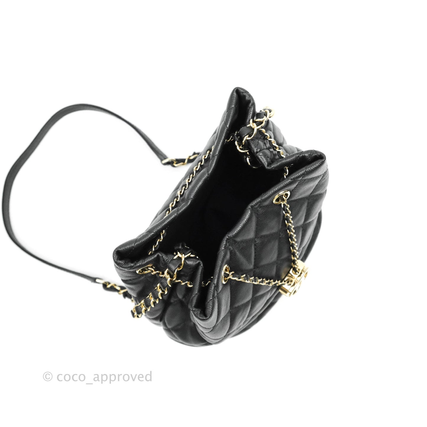 Chanel Quilted Rolled Up Bucket Drawstring Bag Black Caviar Gold Hardware