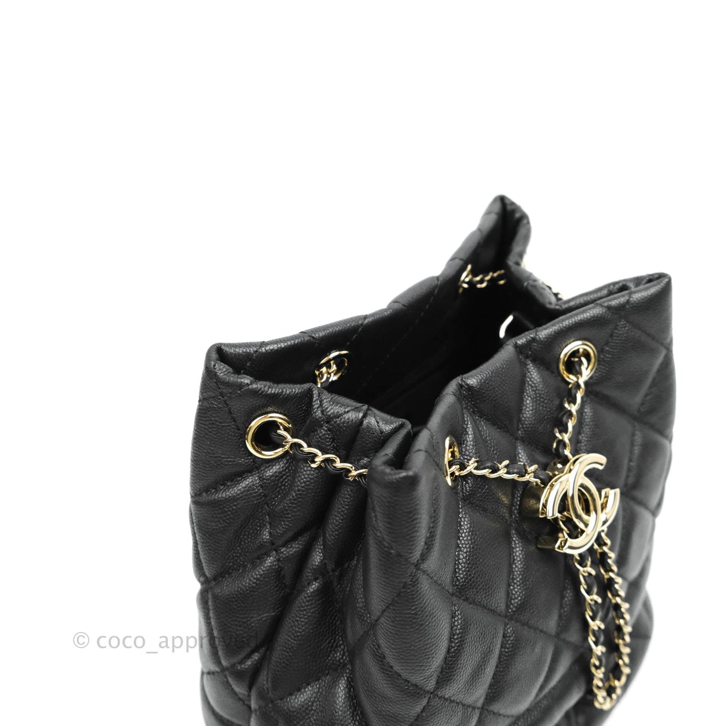 Chanel Quilted Rolled Up Bucket Drawstring Bag Black Caviar Gold Hardware