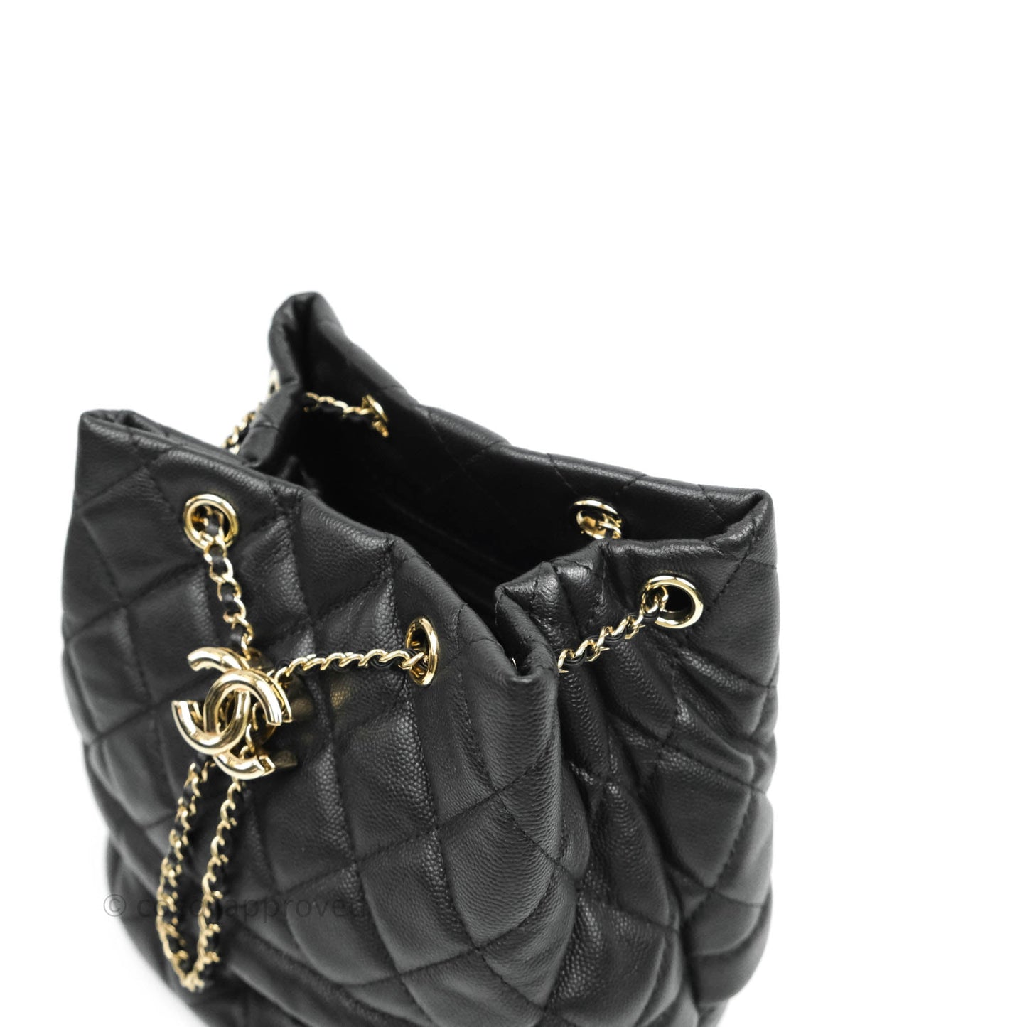 Chanel Quilted Rolled Up Bucket Drawstring Bag Black Caviar Gold Hardware