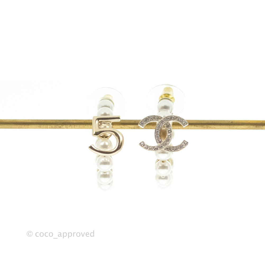 Chanel CC No5 Pearl Hoop Earrings Gold Tone 21S