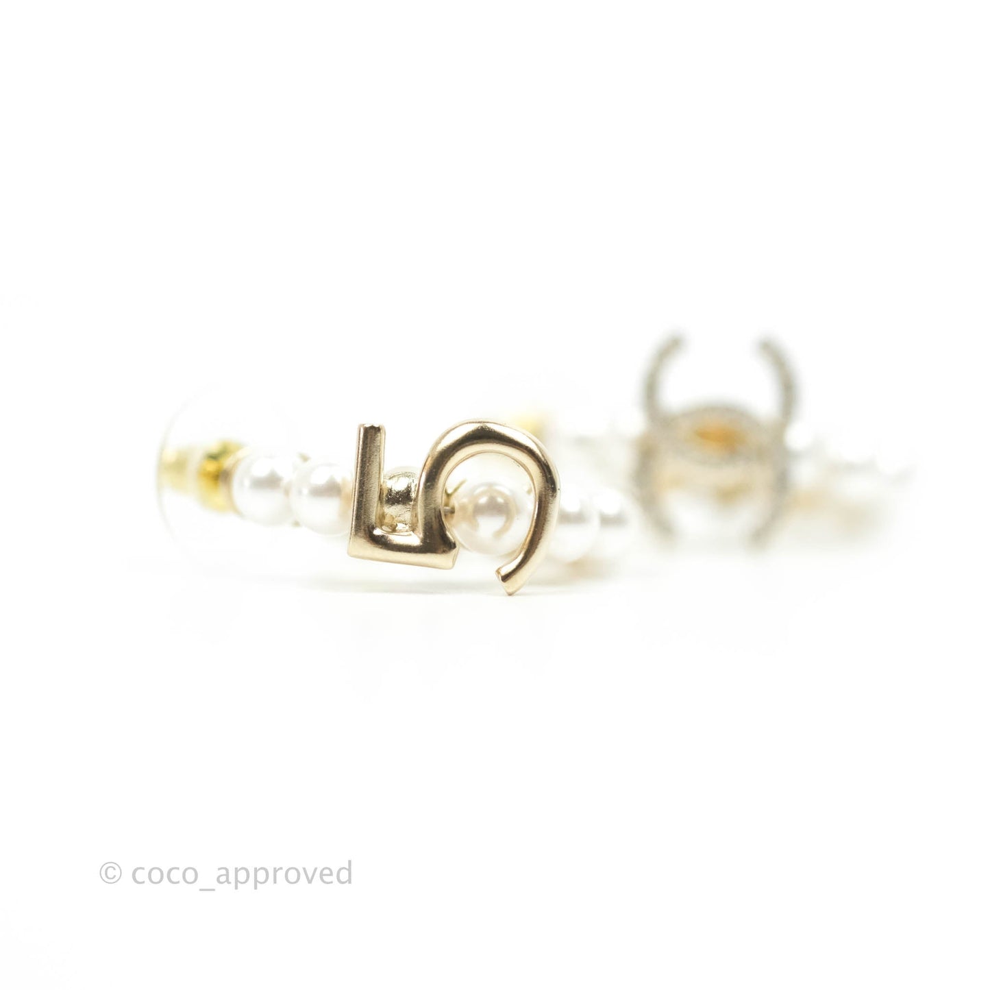 Chanel CC No5 Pearl Hoop Earrings Gold Tone 21S