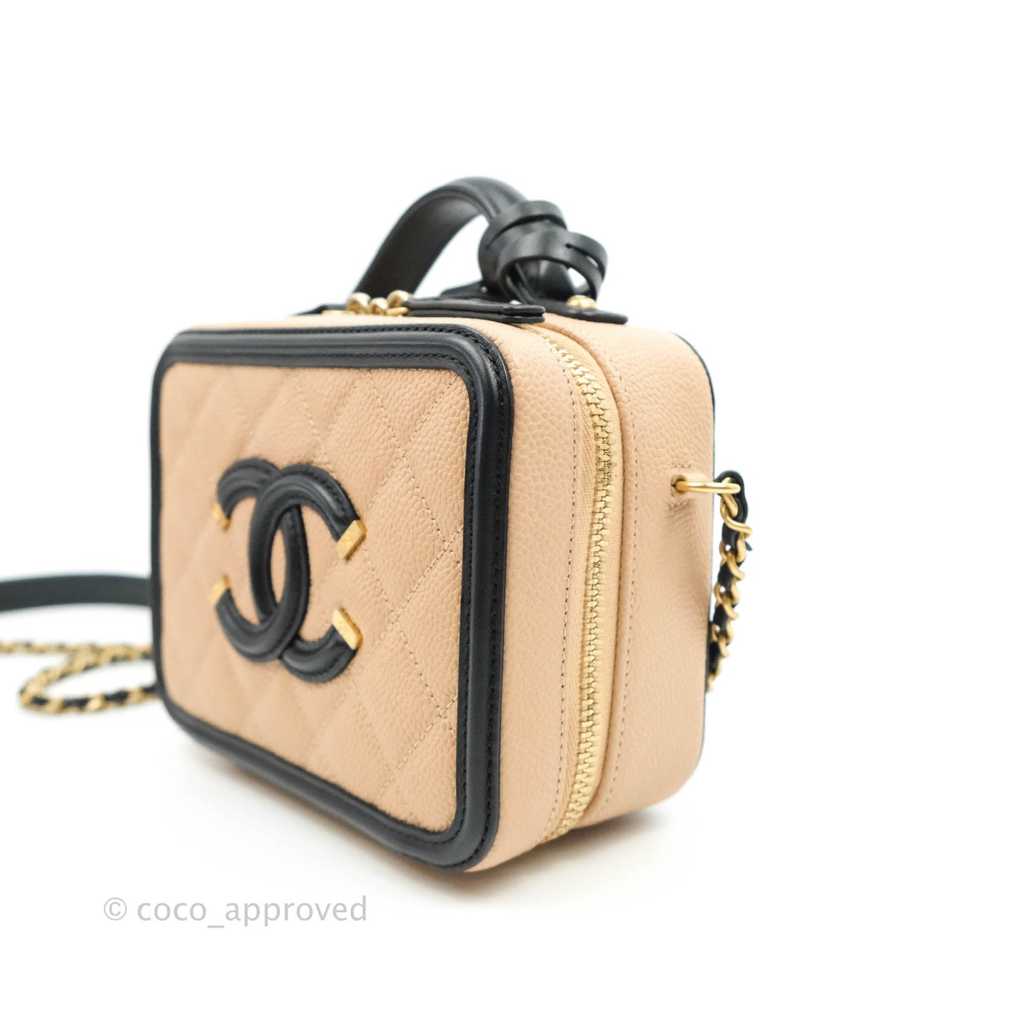 Chanel Quilted Small CC Filigree Vanity Case Beige Black Caviar