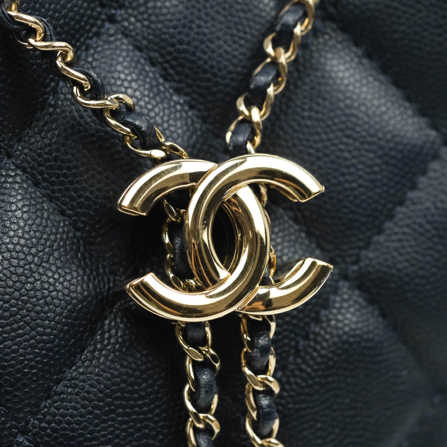 Chanel Quilted Rolled Up Bucket Drawstring Bag Navy Caviar Gold Hardware
