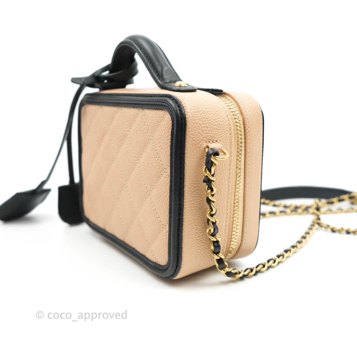 Chanel Quilted Small CC Filigree Vanity Case Beige Black Caviar