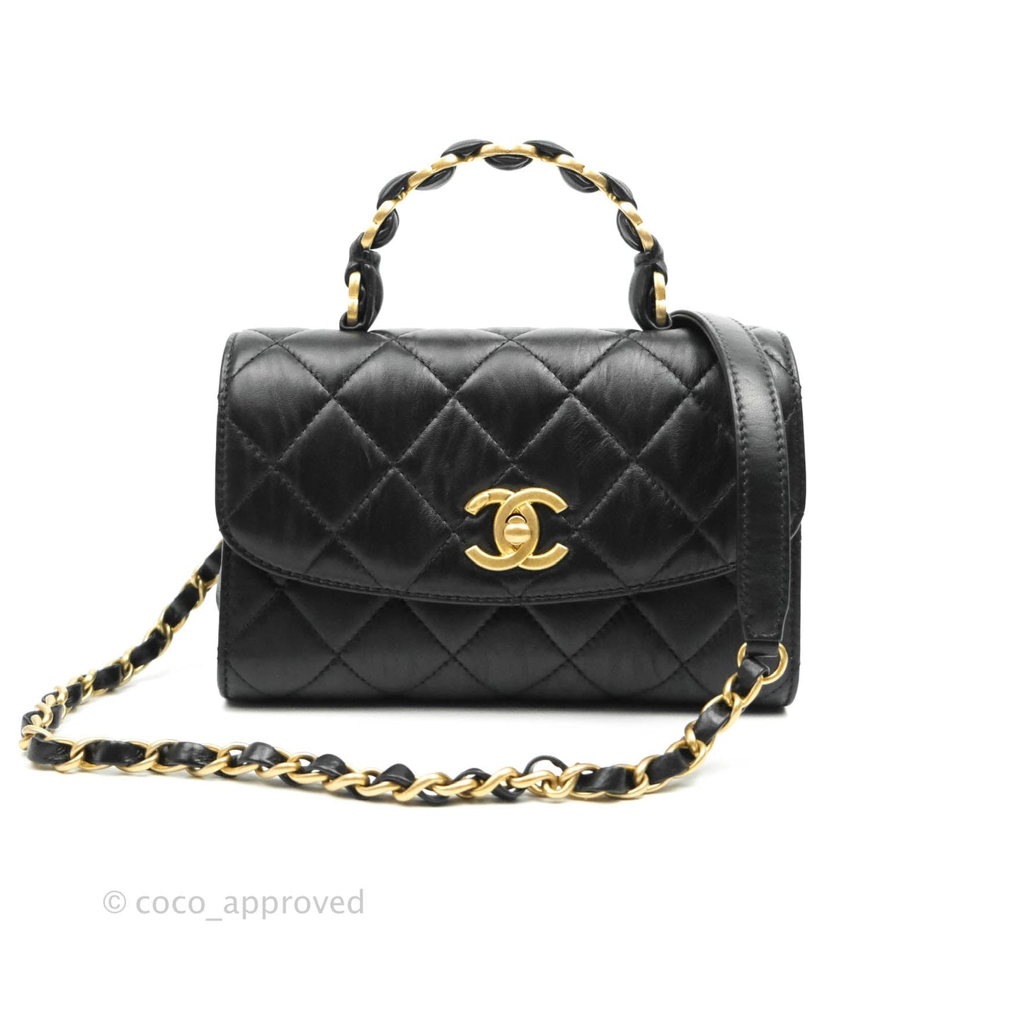 Chanel Mini Flap Bag with Top Handle Black Crumpled Lambskin Aged Gold Hardware