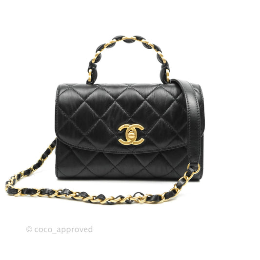 Chanel Mini Flap Bag with Top Handle Black Crumpled Lambskin Aged Gold Hardware