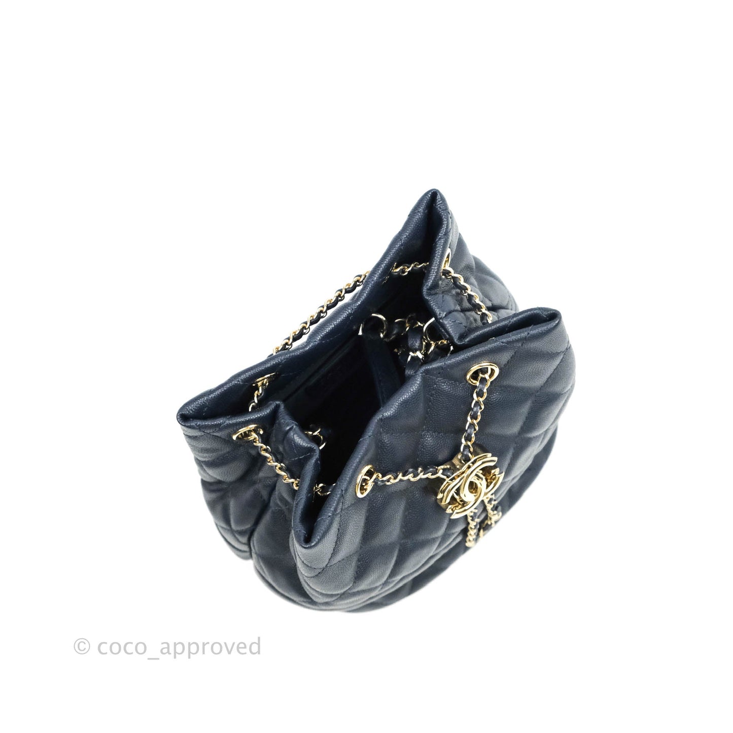 Chanel Quilted Rolled Up Bucket Drawstring Bag Navy Caviar Gold Hardware