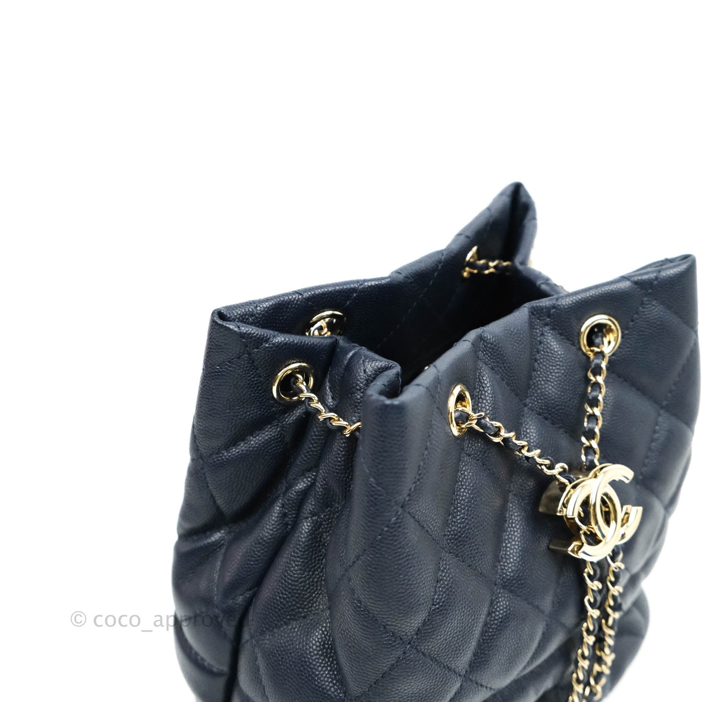 Chanel Quilted Rolled Up Bucket Drawstring Bag Navy Caviar Gold Hardware