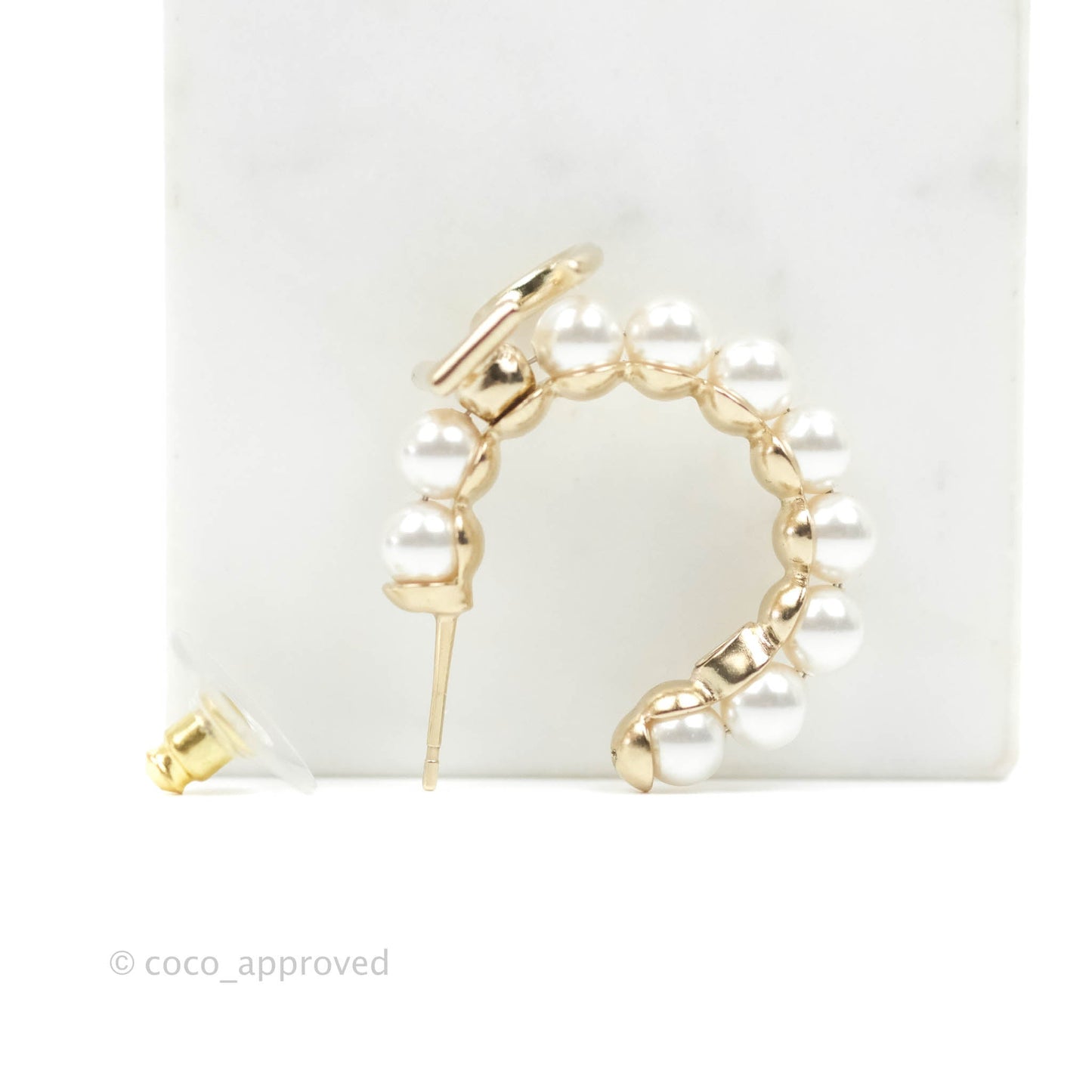 Chanel CC No5 Pearl Hoop Earrings Gold Tone 21S