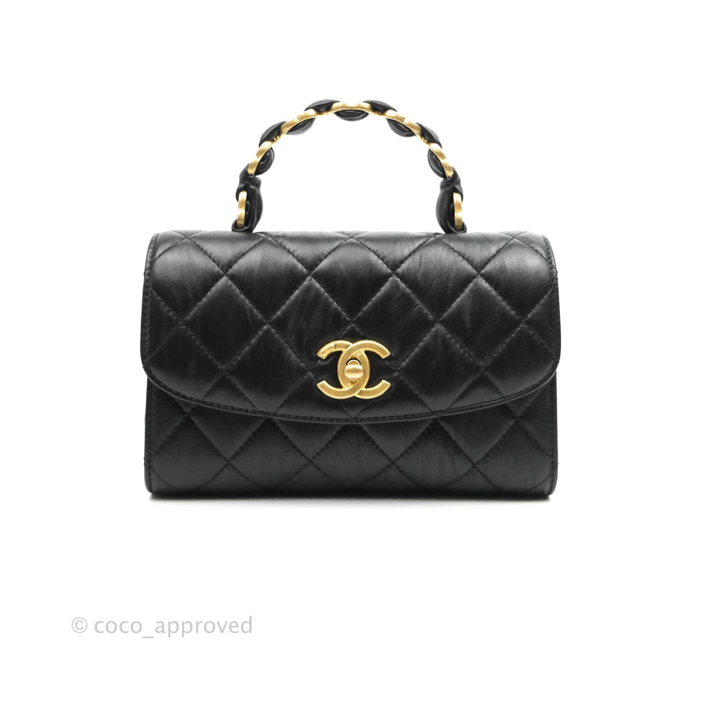 Chanel Mini Flap Bag with Top Handle Black Crumpled Lambskin Aged Gold Hardware