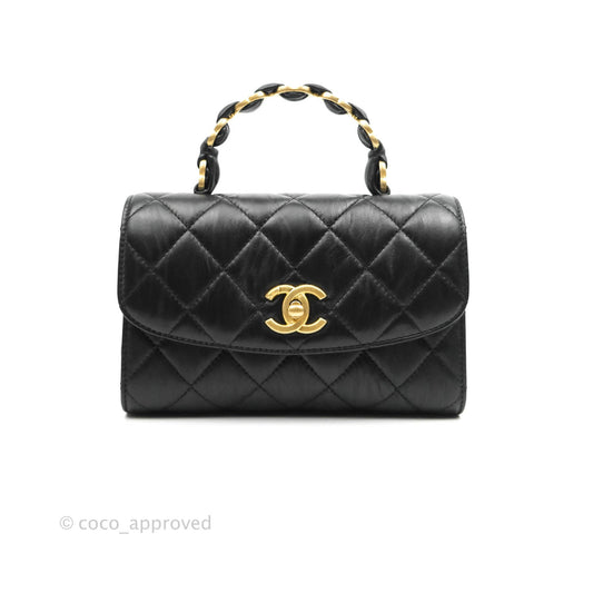 Chanel Mini Flap Bag with Top Handle Black Crumpled Lambskin Aged Gold Hardware