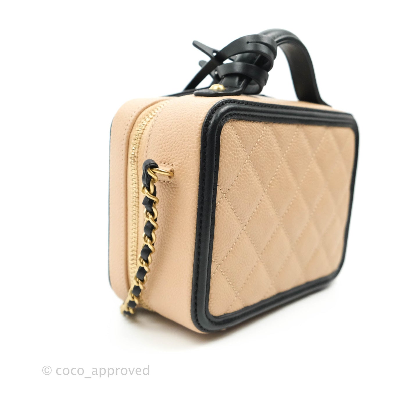 Chanel Quilted Small CC Filigree Vanity Case Beige Black Caviar