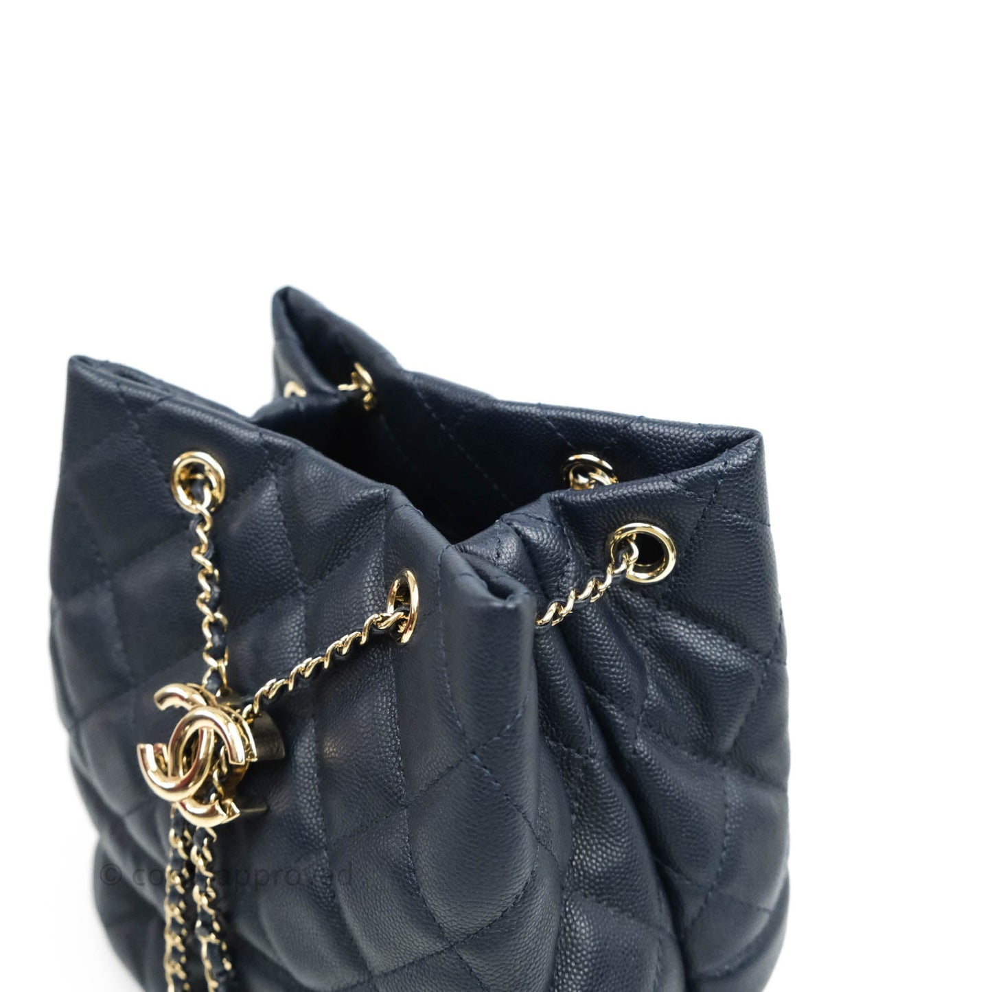Chanel Quilted Rolled Up Bucket Drawstring Bag Navy Caviar Gold Hardware