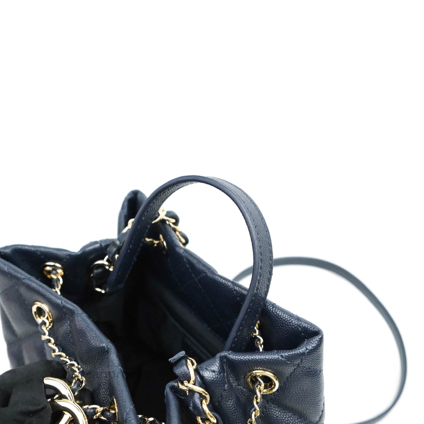 Chanel Quilted Rolled Up Bucket Drawstring Bag Navy Caviar Gold Hardware