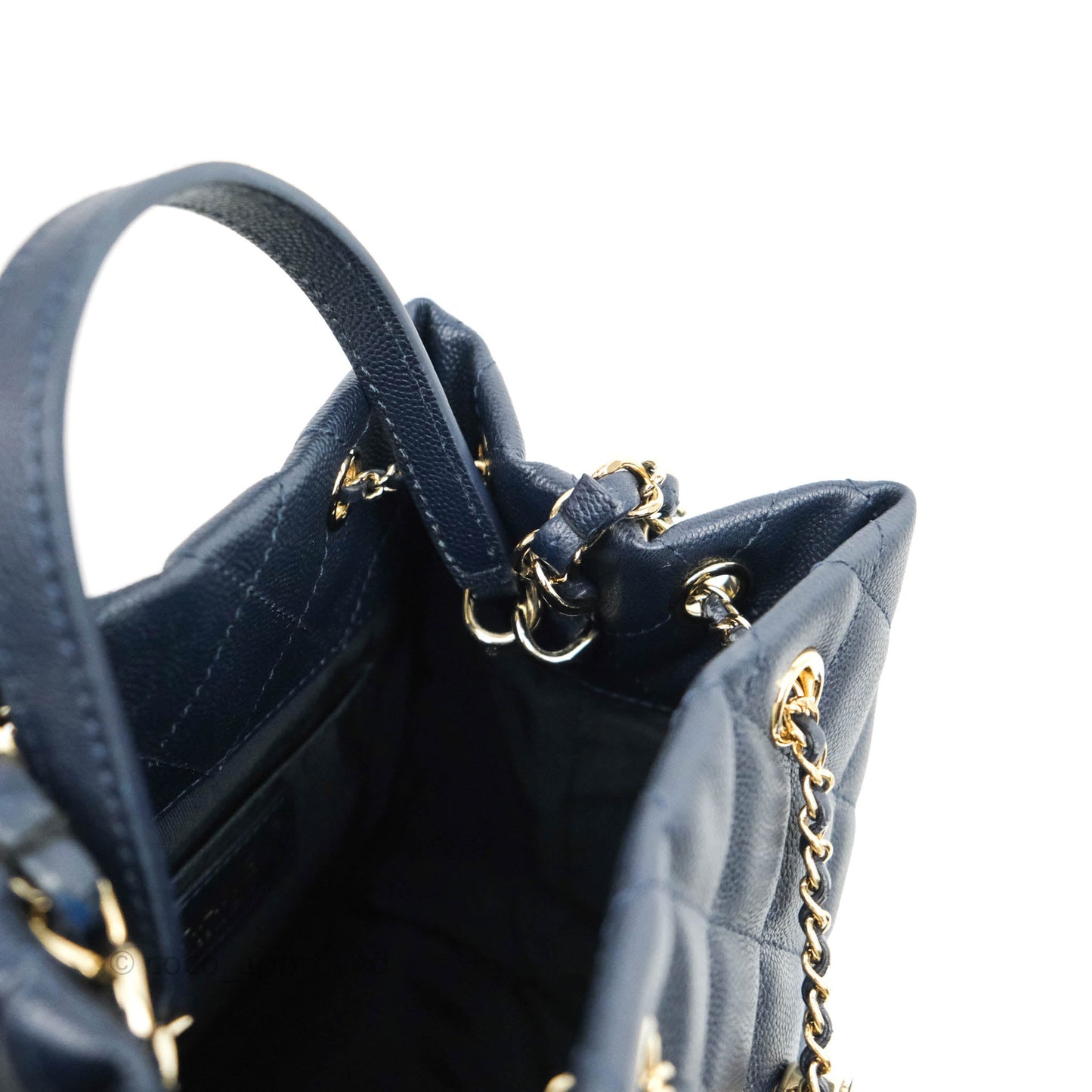 Chanel Quilted Rolled Up Bucket Drawstring Bag Navy Caviar Gold Hardware