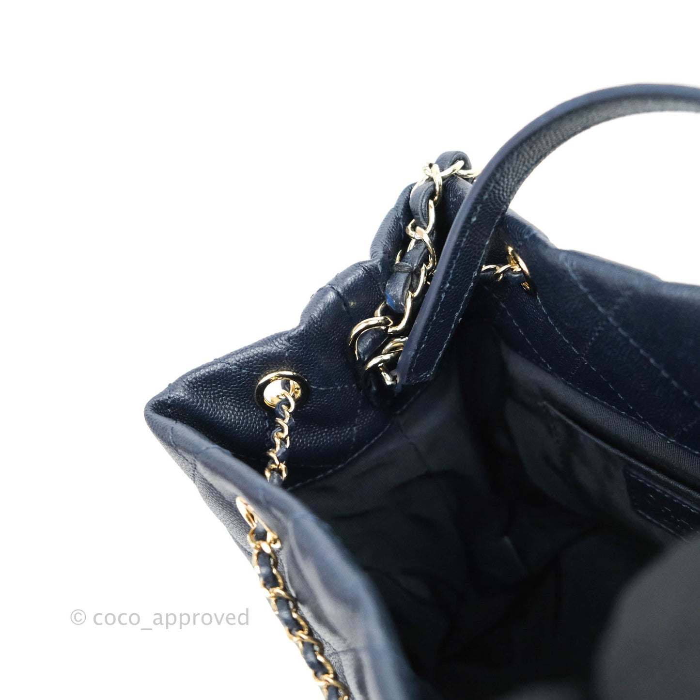 Chanel Quilted Rolled Up Bucket Drawstring Bag Navy Caviar Gold Hardware