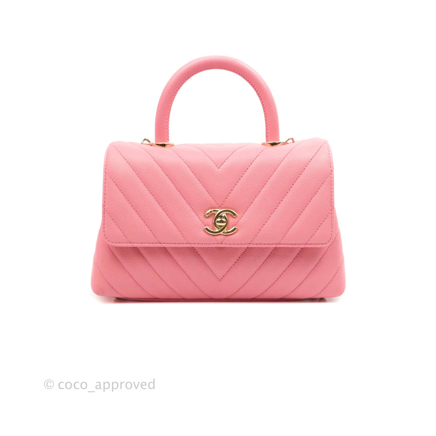 Chanel Mini (Small) Coco Handle Chevron Pink Caviar Gold Hardware