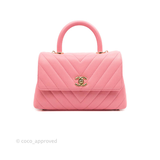 Chanel Mini (Small) Coco Handle Chevron Pink Caviar Gold Hardware