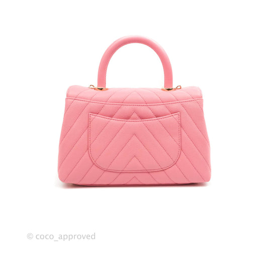 Chanel Mini (Small) Coco Handle Chevron Pink Caviar Gold Hardware