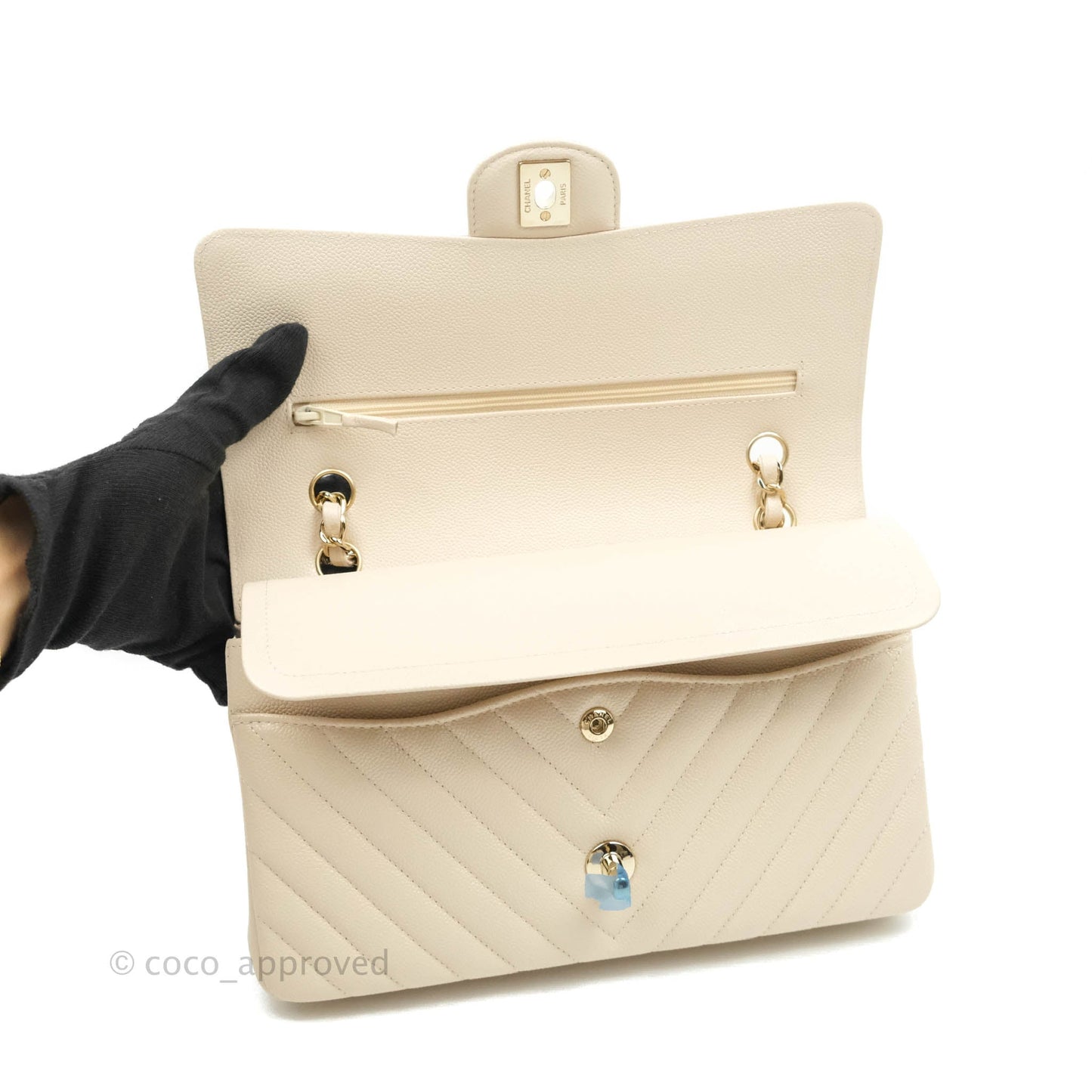 Chanel Classic M/L Medium Double Flap Chevron Light Beige Caviar Gold Hardware 20B