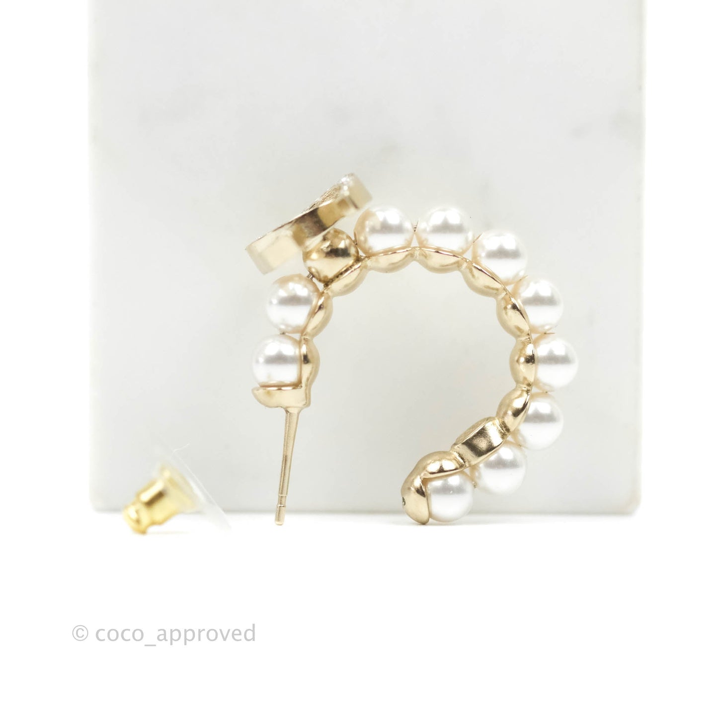 Chanel CC No5 Pearl Hoop Earrings Gold Tone 21S