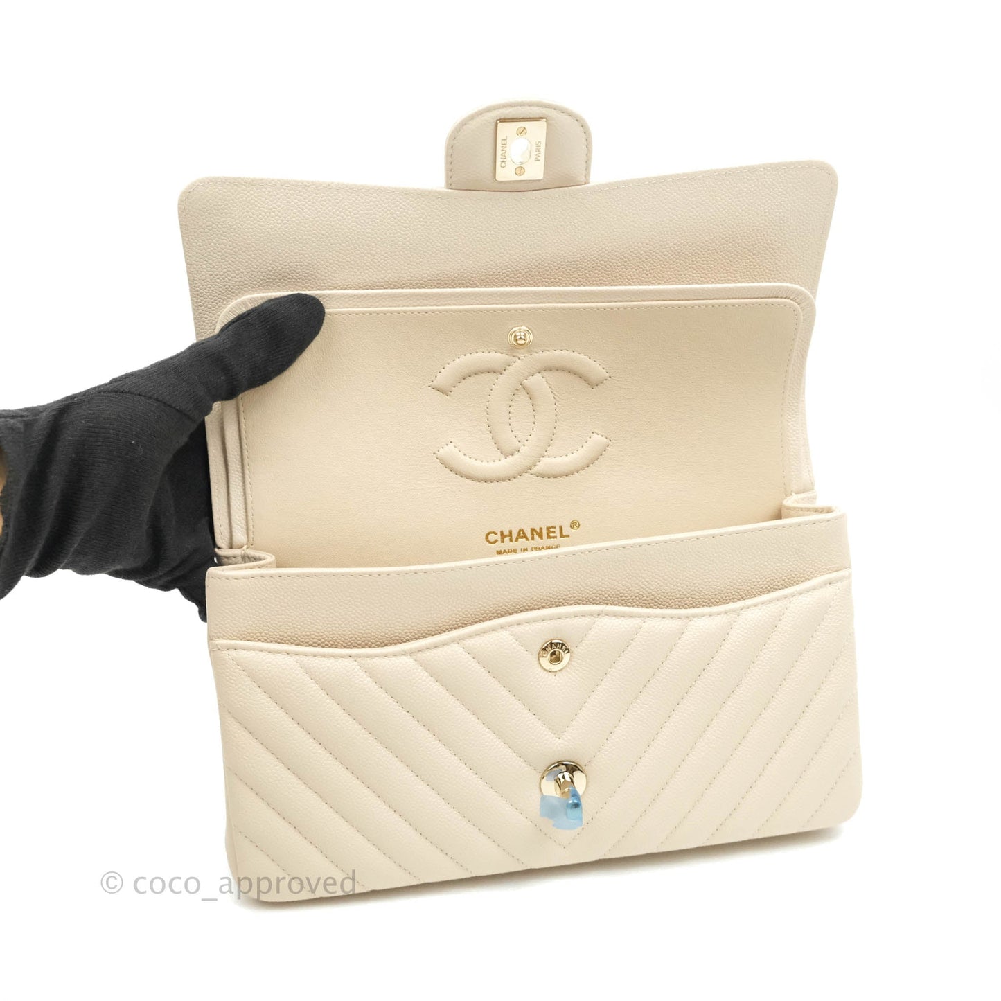 Chanel Classic M/L Medium Double Flap Chevron Light Beige Caviar Gold Hardware 20B